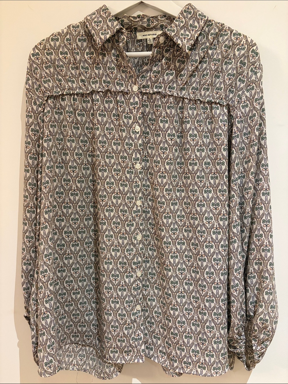 Max Studio Beige and Green Printed Button-Down Shirt